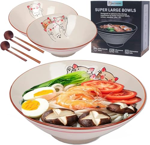 Image of NJCHARMS Ceramic Ramen Bowl Set of 2, 42 oz Japanese Noodle Soup Bowls with Spoons and Chopsticks for Ramen Soup Pho Udon Asian Noodles, Large Noodle Bowls(Beige)