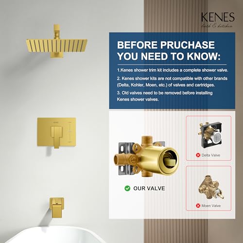 Image of KENES Brushed Gold Shower Set with Tub Faucet, Square Tub Shower Faucet Set