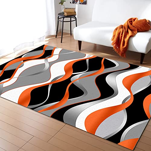 Orange Black Grey Area Rug 2'X3' For Living Room Bedroom, White Moire Geometric Abstract Art Soft Washable Carpet, Indoor Decorative Rug With Non-Slip Backing #TOP1