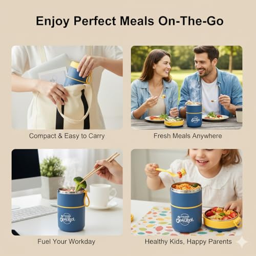 Image of Insulated Stackable Bento Lunch Box, 780ml Double Layer 304 Stainless Steel Thermal Food Jar with Foldable Spoon for Hot & Cold Meals, Leakproof Container for Kids & Office - Blue /Yellow
