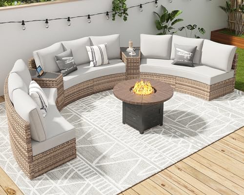 LUXOAK Patio Furniture Sets, 11 Piece Half-Moon Sectional Round Sofa Set, Outdoor Patio Furniture with Cushions & Wedge Table for Beach, Pool, Balcony, Beige