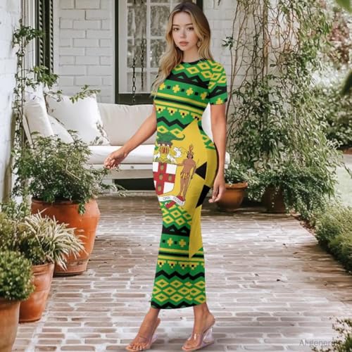 Image of Womens Short Sleeve Jamaican Flag Midi Bodycon Dress | Soft stretchy fabric,crew neck,jamaican print casual date night cocktail party, elegant chic, spring summer fall all season