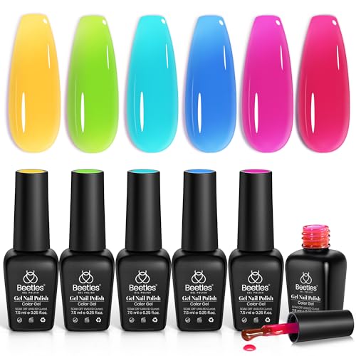 Image of Beetles Neon Gel Nail Polish Set, 6 Colors Jelly Gel Nail Polish Kit | Hot Pink Red Blue Yellow Green Sheer Transparent Effect French Nail Art Tropical Glow Series Manicure Gift for Women