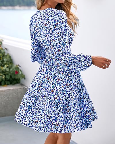 BTFBM Fall Dresses for Women 2026 Mini Long Sleeve Elastic Waist Summer Vacation Outfits Floral Wedding Guest Dress(Floral Dark Blue White, X-Large) — view 3
