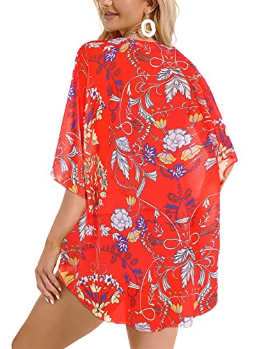 Omoone Women's Short Batwing Sleeve Floral Chiffon Cardigan Kimono Beachwear - Image 6