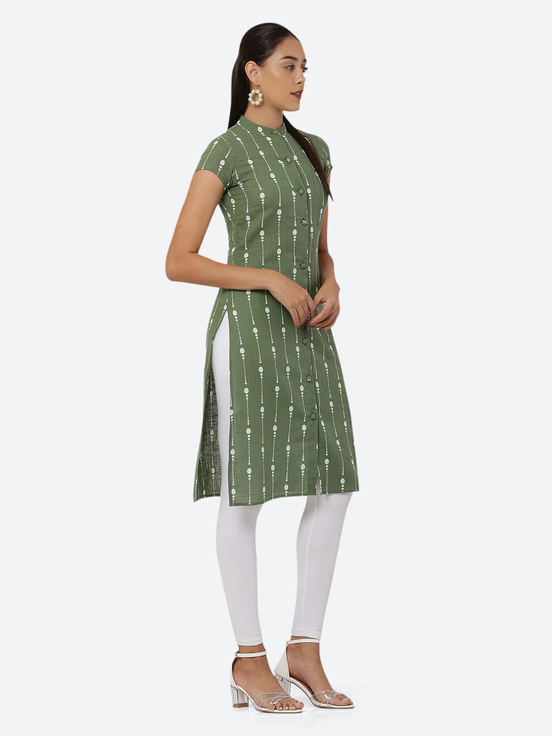 See Designs Women Green & White Khari Print Cape Sleeve Straight Kurta - Sd1601L