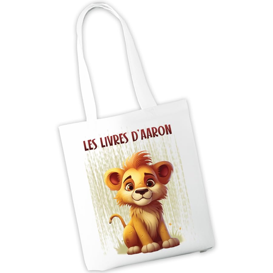 Sac à cahiers personnalisé - Sac de transport pour cahiers et livres d'école ou de bibliothèque - Prénom et motif au choix - Cadeau rentrée scolaire, maternelle, crèche, école (Lion)