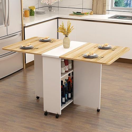 Mesa de comedor plegable con ruedas con 2 estantes abiertos, ahorro de espacio, extensible, diseño versátil para el hogar, oficina, estudio y comedor, acabado de madera y blanco
