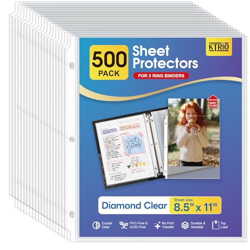 KTRIO Sheet Protectors for 3 Ring Binder 500 Pack Plastic Sleeves 8.5 x 11