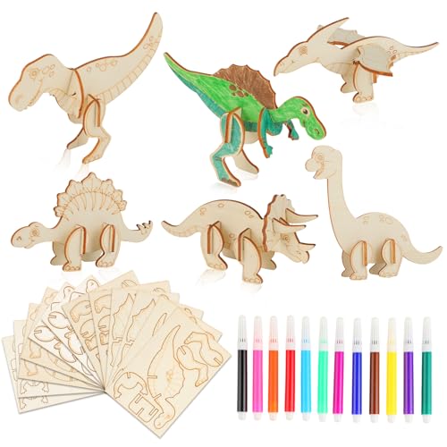 CRESZZLE 12 Stück Holz Bastelset Kinder Dinosaurier, 3D Puzzle Holz zum Bemalen, DIY Bastelsets für Kinder, Kreatives Basteln Set, Perfekt für geburtstag Basteln und Basteln
