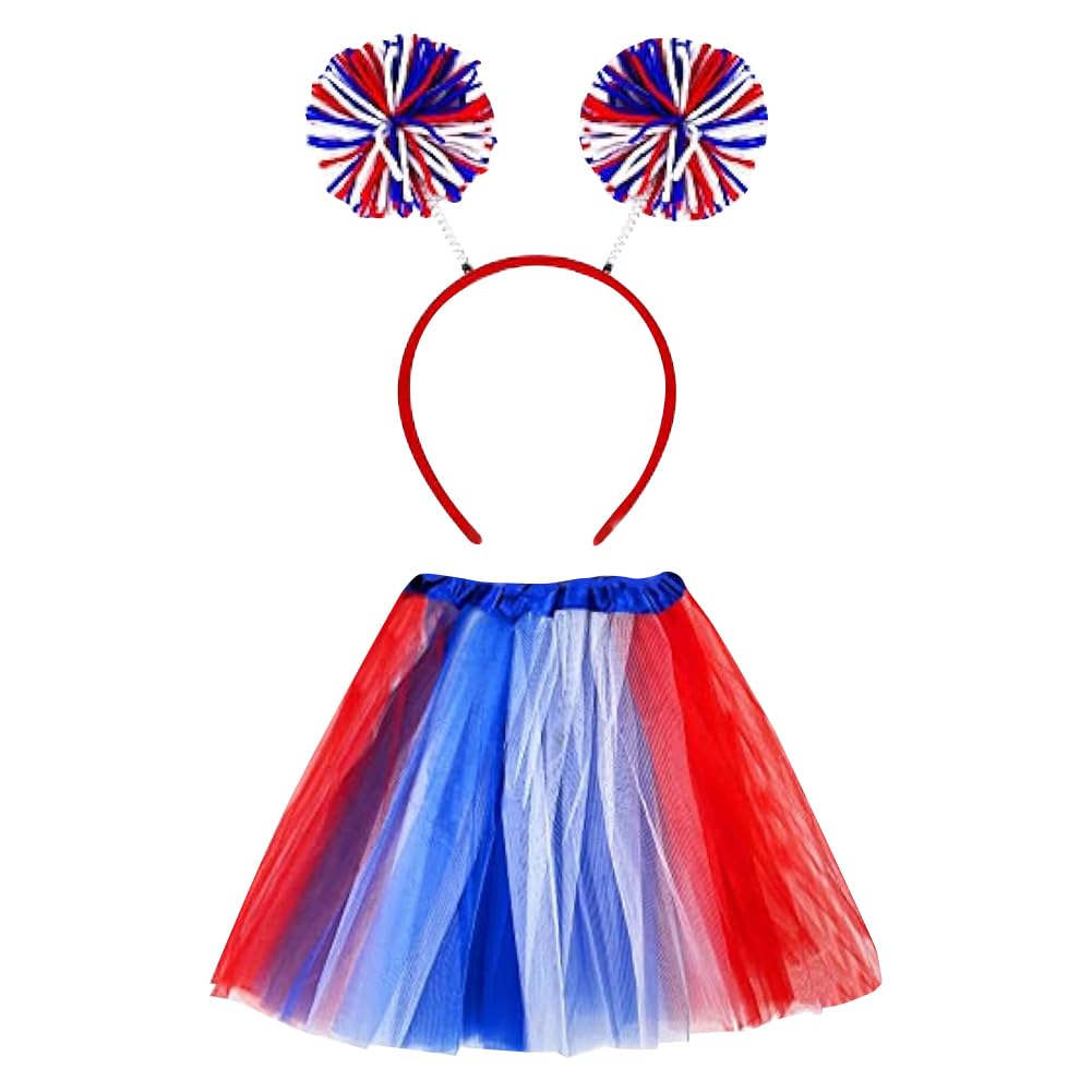 FSSTUD 2 Pcs 4th of July Tutu and Pom Pom Headband 3 Layered Patriotic Tulle Skirt Independence Day Hairbands Red White Blue Tulle Skirts
