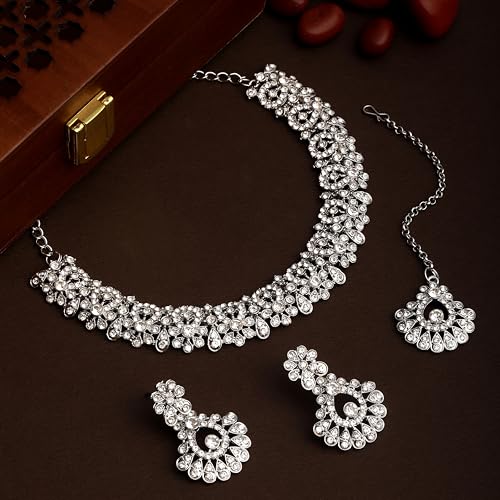 Image of Atasi International Silver Plated Crystal American Diamond Necklace Set with Earrings and Maang Tikka(R6161)