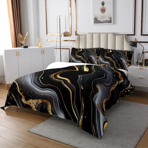 Homewish Couvre-Lit Marbre Enfant 260x240 cm avec 2 Taies d'oreiller, Dessus de Lit Paillettes d'or Marbrures Abstraites, Couverture de Lit Texture Marbrée Métallique, Or Noir – vue 3