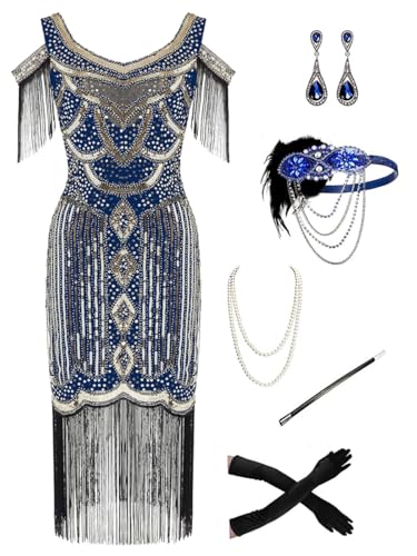 868A - Plus Size 1920s Vintage Fringed Gatsby Sequin Cold Shoulder Tassels Flapper Party Cocktail Dress with Accessories