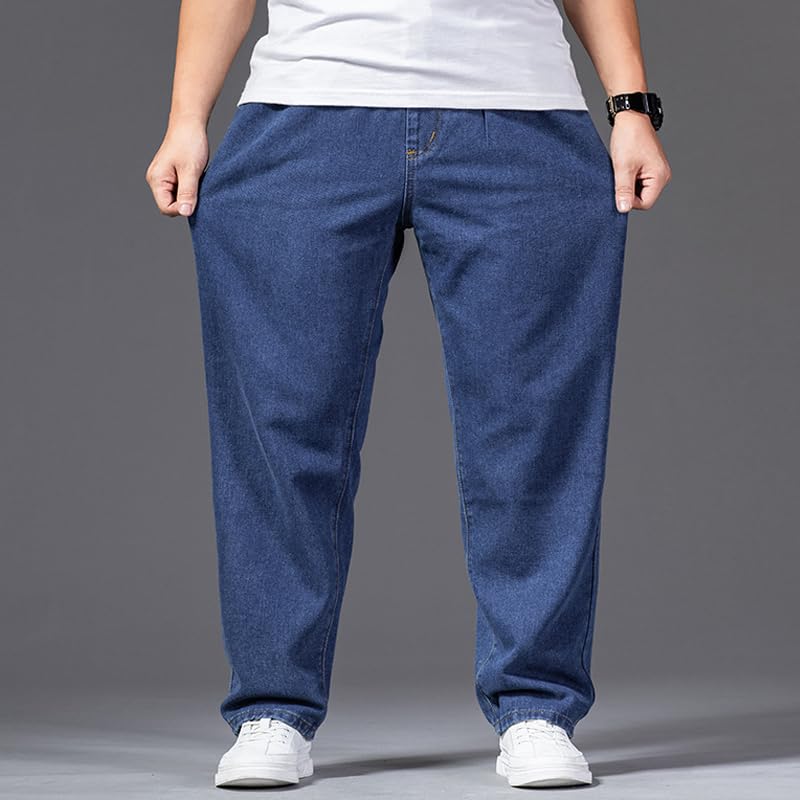 Seniors Mens Pull On Denim Jeans with Elastic Waist, Mens Casual Solid Drawstring Baggy Straight Leg Jean Sweatpants3
