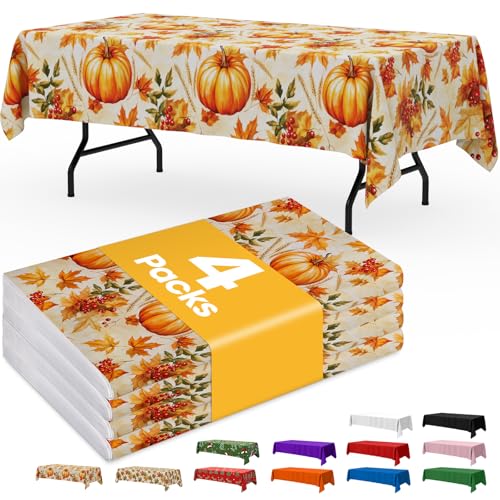 Image of Niuara Fall Pumpkin Plastic Table Cloth - 4 Pack 54 inch x 108 inch Rectangle Disposable Tablecloths for 6FT Tables, Table Cover for Party, Holiday & Gathering Use
