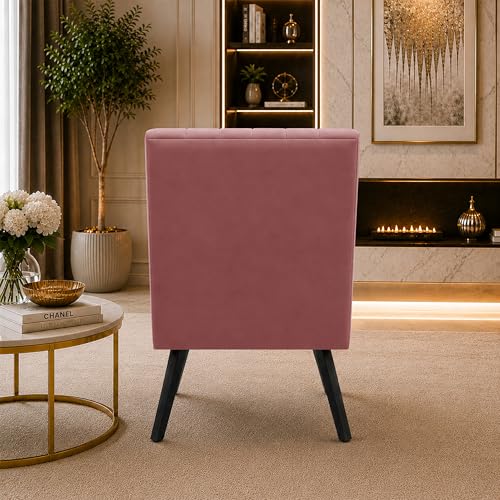 Image of Modern Velvet Accent Chair for Living Room | Upholstered Single Seater Chair with Metal Legs | Comfortable Seating for Bedroom, Office & Guest Room - Rose Pink