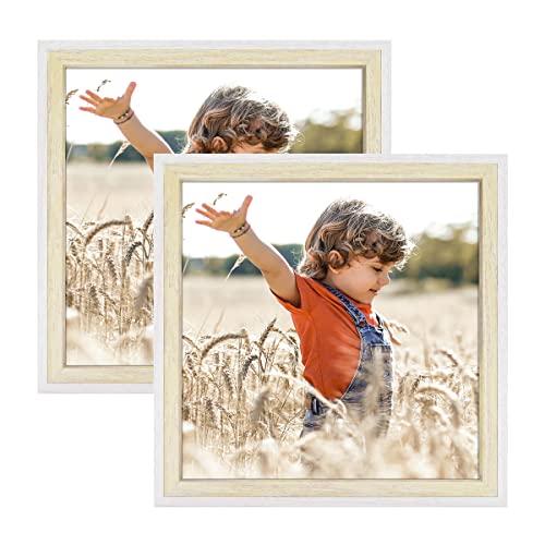 Frametory, Picture Frame Deep Split Molding Easel Stand for Table/Desk Display Layered Look Design Landscapes, Portraits, Artworks (2-Pack, White/Natural, 8x8 Frame)