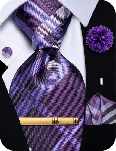Image of YourTies Striped Plaid Ties for Men Silk Formal Necktie Set | 3.15 inch(8cm) Woven Jacquard Mens Ties with Necktie Pocket Square Cufflink Tie Clip Lapel Pin for Wedding Business Party