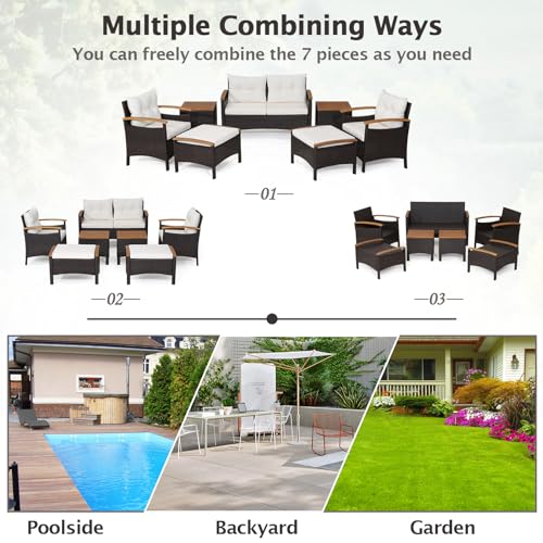 GIANTEX Juego de Muebles de Jardín de Ratán 7 Piezas, 1 Sofá, 2 Sillónes, 2 Reposapiés y 2 Mesitas, para 4-6 Personas, Asientos con Cojines, Conjunto de Conversación para Patio, Terraza - imagen 3