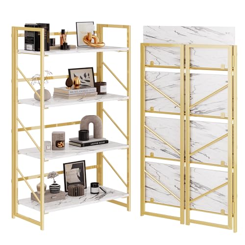 Image of JSB 4 Tier No Assembly Folding Bookshelf, Foldable Storage Bookcase for Home Office, Space-Saving Storage Shelf for Living Room, Bedroom, Office (White&Gold)