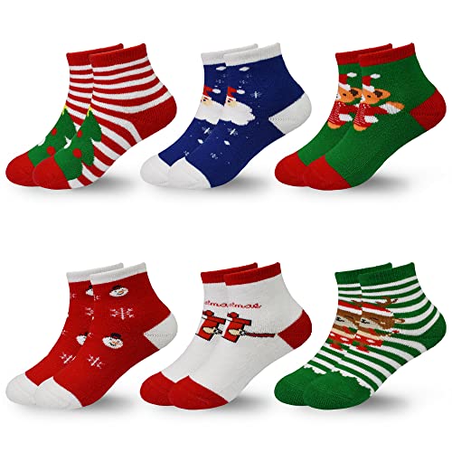 SPTRAMLE Kids Christmas Socks, Newborn Toddler Kids Crew Socks for Girls Boys(0-12 Months), 6 Pairs Unisex Baby Xmas Holiday Cartoon Socks