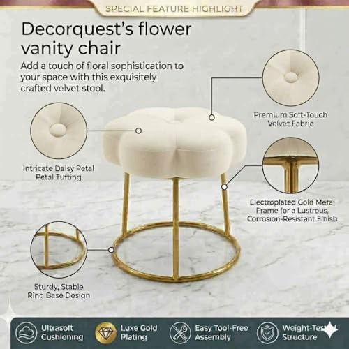 Image of Flower Ottoman Foot Stool for Bedroom and Living Room, Round Makeup Vanity Chair with Metal Legs and Soft Padded Seat-White