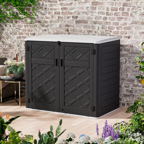 Image of ZZM Large Outdoor Storage Shed, 48 Cu Ft Resin Versatile Storage Cabinet for Patio Accessories, Trash Cans & Garden Tools, Durable Horizontal Storage Box with Lockable Lid (Black)