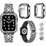 Paquete de 3 compatible con Apple Watch Correa de 38 mm, 40 mm, 41 mm, 42 mm, 44 mm, 45 mm, 49 mm, con carcasa de diamante de purpurina y protector de pantalla de cristal para iWatch Serie 9, 8, SE, 7