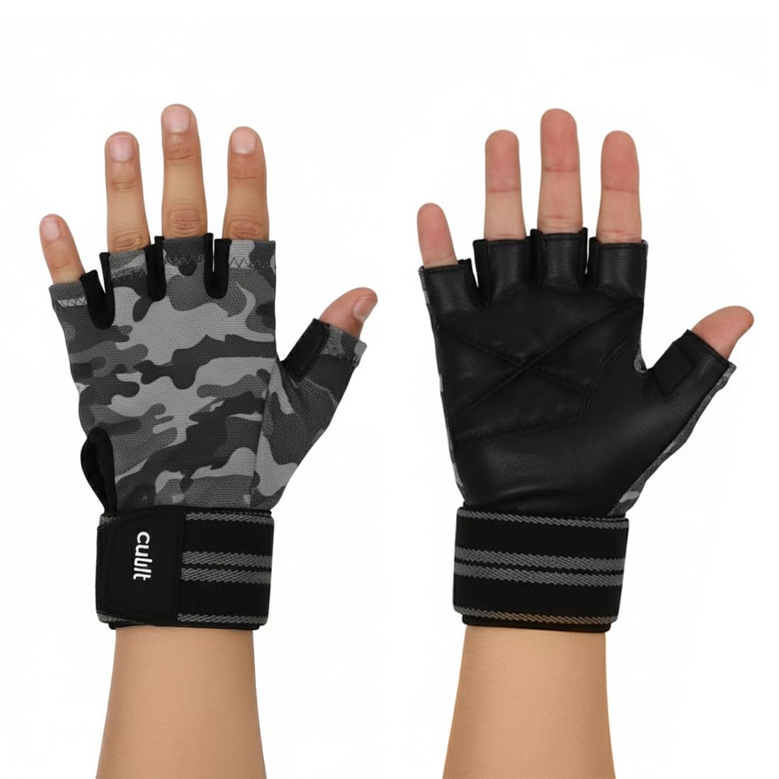 CULT Workout Gym Gloves for Men & Women – Durable Protective Gear with Anti-Slip Leather Grip, Breathable Lycra, Sweat-Absorbent & Half-Finger Design for Weightlifting, Strength Training - Camo