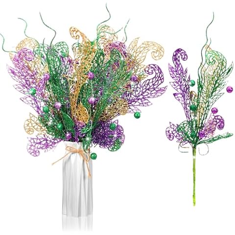 Knitgrip 8 Pcs Mardi Gras Picks and Sprays Mardi Gras Decoration 15.75 inch Artificial Glitter Feather Berry Stems Berry Branches for Vase Filler Fat Tuesday Carnival Party Decoration Cover
