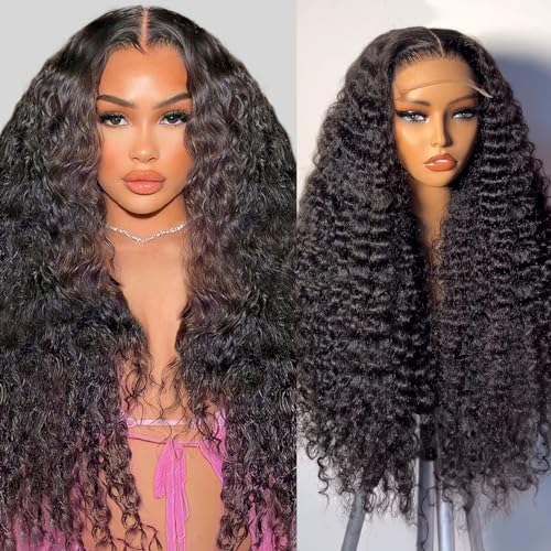 Lace Closure Wigs Human Hair Deep Wave Pre Plucked 5x5 Natural Black HD Transparent Lace Front Wigs with Baby Hair 180 Density Gluesless Wigs for Women Natural Black Color 20 Inch