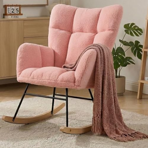 Wryxplor Nursery Rocking Chair, Teddy Upholstered Glider Chair with Thick Cushion, Tufted Gliding Rocker Chair with Wood Leg, Cozy Rocking Armchair, Accent Rocking Chair for Living Room (Pink)