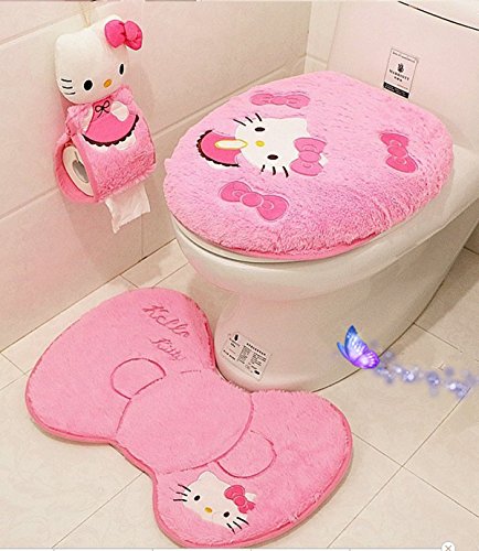 Ikeelife Cute Hello Kitty Bathroom Pedestal Mat Cotton Non Slip Bath Mat Toilet Contour Rug, Closestool Lid Cover,Seat Cushion,Tissue Box 4PCS Set Pink Se4