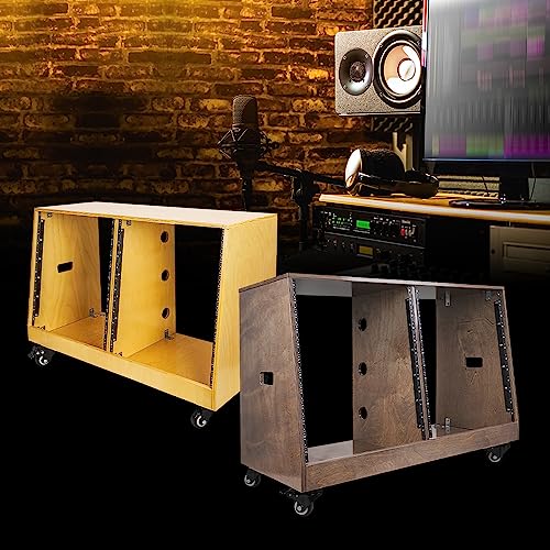 Image of Sound Town DIY 2 x 12U Slanted Studio Rack with Solid Baltic Birch Plywood, Casters, weathered brown for Recording Room, Home Studio (SDRK-D12TB)