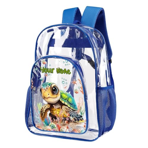 Custom Turtle Clear Backpack Heavy Duty for Girls Kids Boys Women Men - Large Cute PVC Sea Turtles Theme Printing Transparent Backpacks for Schools Stadium Concerts Work - Clear/Blue