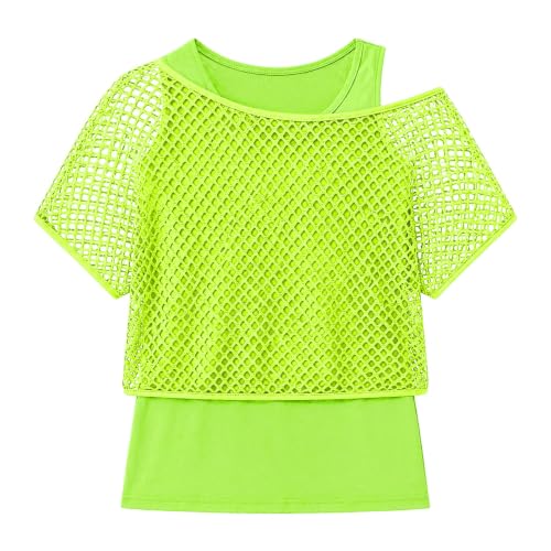 Girls Fishnet Off Shoulder Top with Tank Top, 80s 90s Neon Costume Outfit - image 4