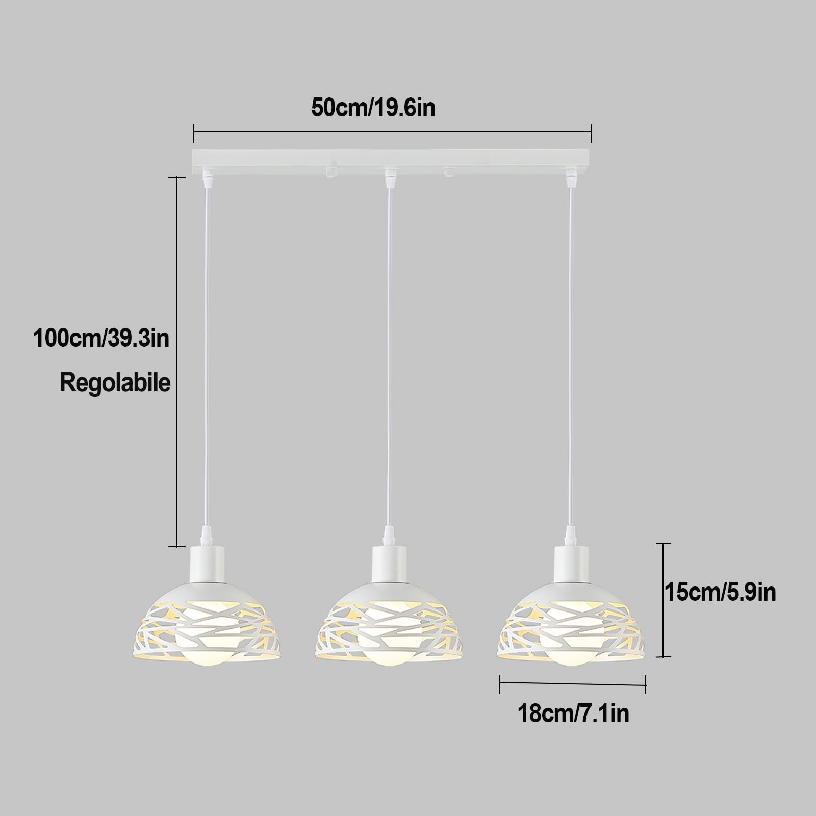 Lampadario a Sospensione Moderno Industriale, 3 Luci E27 in Metallo RitagliatoØ18 Lampada a Sospensione Vintage per Cucina Isola Tavolo da Pranzo (Bianco Base Lunga)