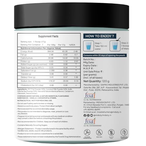 Image of Miduty Matcha Tea Powder - Premium Culinary Grade - Sourced from Shizuoka, Japan - Supports Sustained Energy & Focus - With MCT Oil & Coconut Milk - 120g