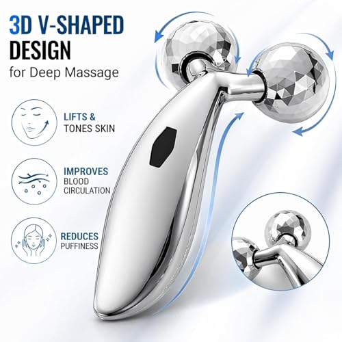 Image of 3D Face Massager Roller for Women & Men, Manual Facial Massager with Dual 360 Rolling Balls, V Shape Stainless Steel Face and Body Massage Tool for Jawline, Neck, Arms and Skin Care