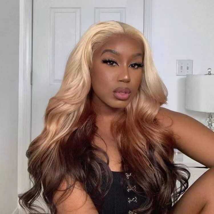 RONGDUOYI Neon Green Wigs for Women Free Part Synthetic Lace Front Wig Ombre Color Black and Green Wigs Glueless Natural Hairline Daily Use Cosplay Wig: 613 Ombre Brown