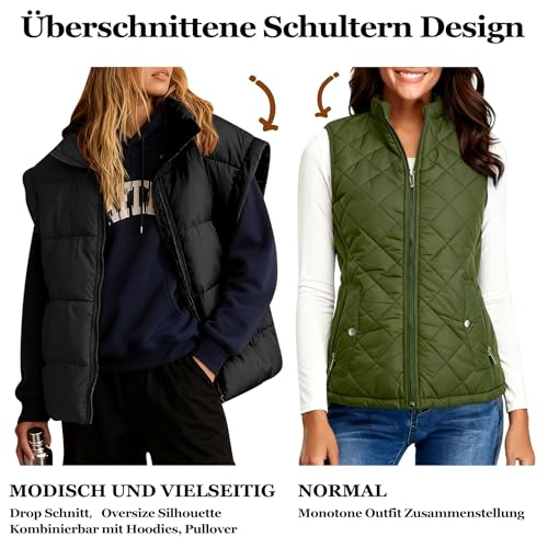 Rave on Friday Weste Damen Herbst Leichte Steppweste Stehkragen Ärmellos Westen Freizeit Warme Reißverschluss Übergangsweste Jacke Damenwesten Schwarz M