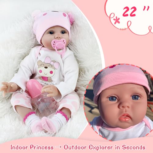 WOOZHI MagicTan UV-Reaktive Reborn Puppe 55cm - Sonnenempfindliche Baby Puppe mit Farbwechsel-Haut, Weiches Silikon, Sofort Bräunungseffekt, Neugeborene Puppe Realistisches Spielzeug für Mädchen – Bild 4