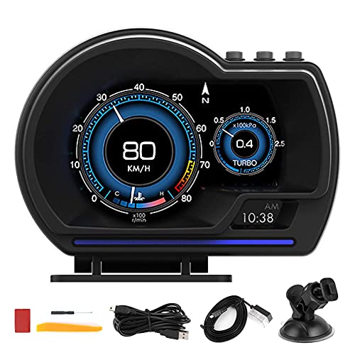 Keenso Head Up Display, OBD2 + GPS 11V 18V Smart Gauge Car HUD Velocímetro Turbo RPM Alarma para Automóvil Camión Velocímetros Velocímetros
