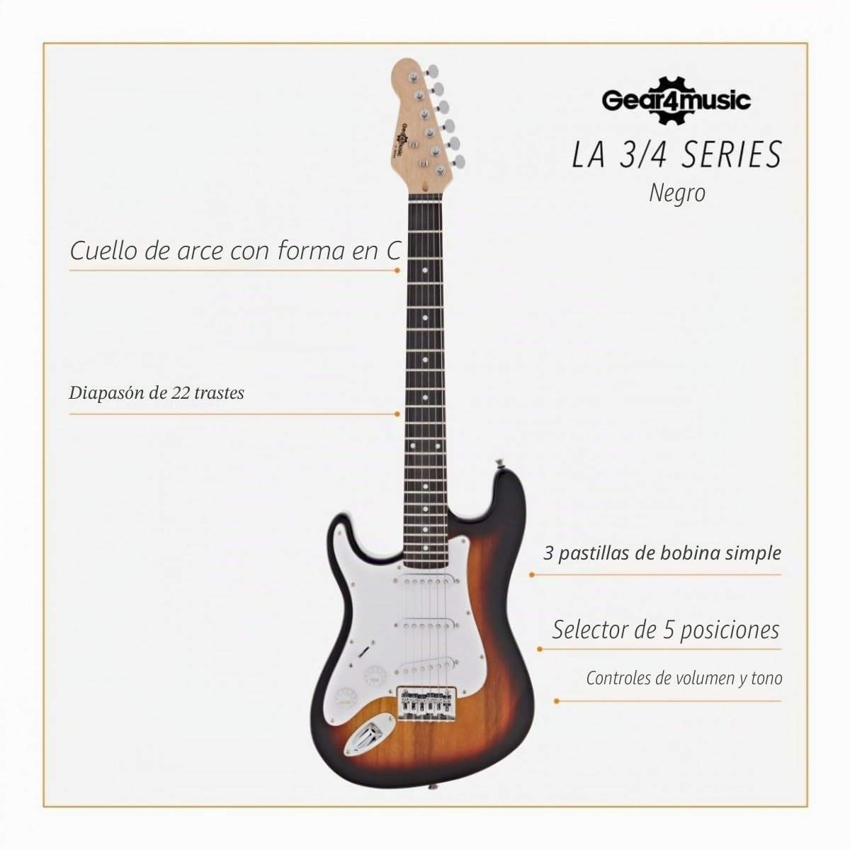 Guitarra eléctrica 3/4 LA para zurdos de Gear4music Sunburst con Amplificador de 10W