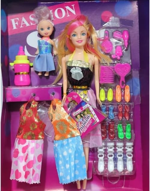 - Shine Moveable Fashion Doll Set with Accessories, Dresses, Makeup, Wardrobe and Baby Doll for Girls
