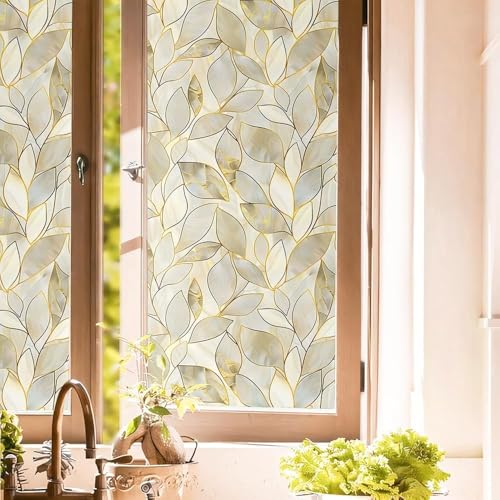 Vintage Yellow Golden Pale Leaf Elegant Stained Glass Window Privacy Films Decorative Double-Side Privacy Film Self-Adhesive Static Window Clings Stickers for Living Room Bathroom Glass Windows Decor