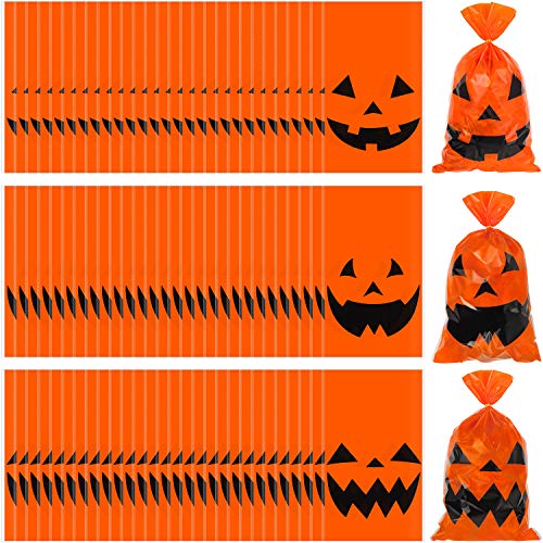 Outus 150 Pieces Halloween Plastic Candy Bags Jack-O-Lantern Pumpkin Bags Goody Tote Bag Party Favor with Handles Party Favors