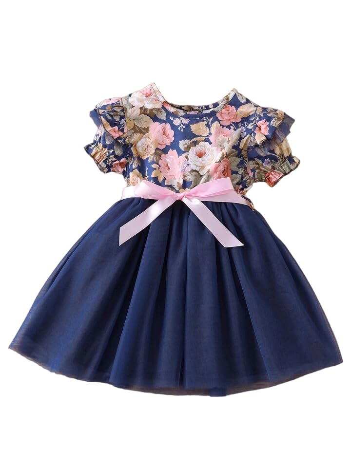 Image of TAGAS Floral Print Mesh Insert Ruffle Trim Belted Dress||Frock for Girls||Sleeve Less Dress for ||Fency Dress||(KD-144)