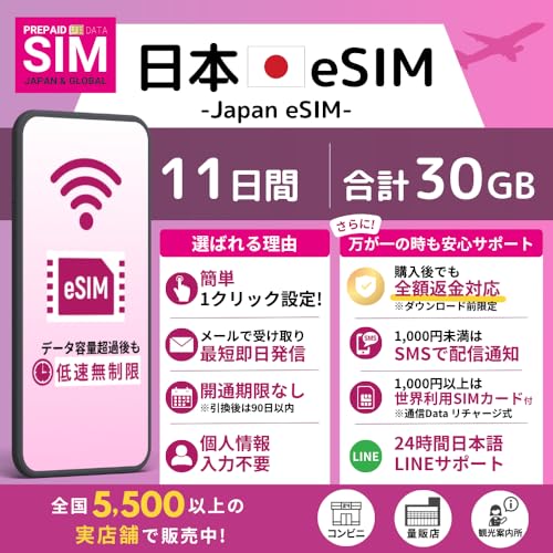 [ ���{ eSIM ] �I�����C���ŒZ�������s�i���[�����j�b�I�ׂ�e�ʁE�����b�����pOK�b���S24���ԓ��{��T�|�[�g�b�ᑬ�������t�� (11Day-30GB)